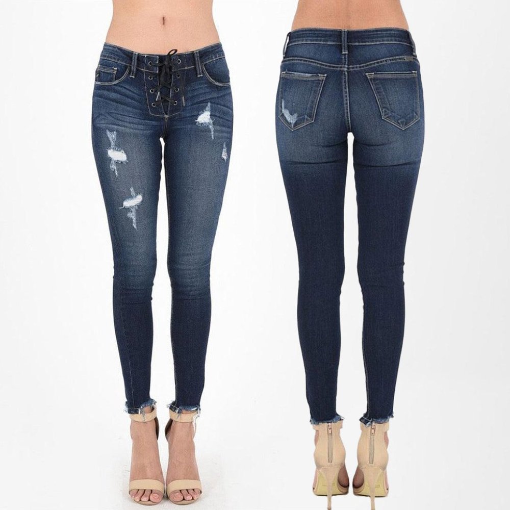 Women's Premium Lace-Up Destroyed Dark Jeans